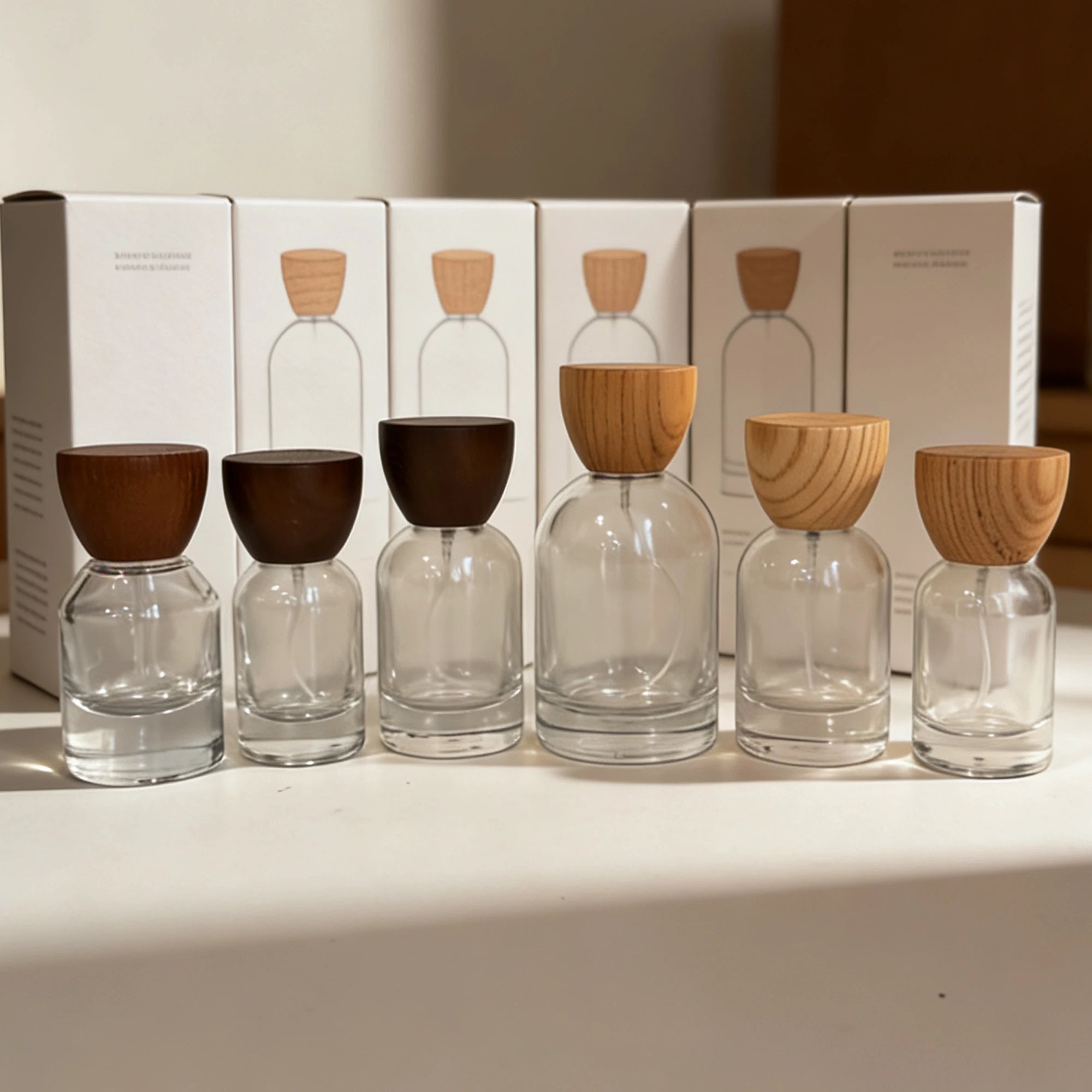 Luxury Zebra Wood Grain Matte Frost Decal Box Set Clear Glass Perfume Spray Bottle 30ml 50ml 100ml Refillable Natural Wood Lid - 图片 3