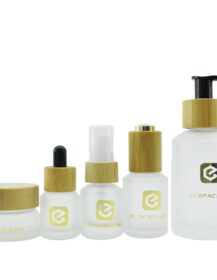 Cosmetic Packaging Slant Shoulder White Glass Bottle and Jar with Bamboo Lid/pump/dropper Cosmetic Lotion Bottle Products