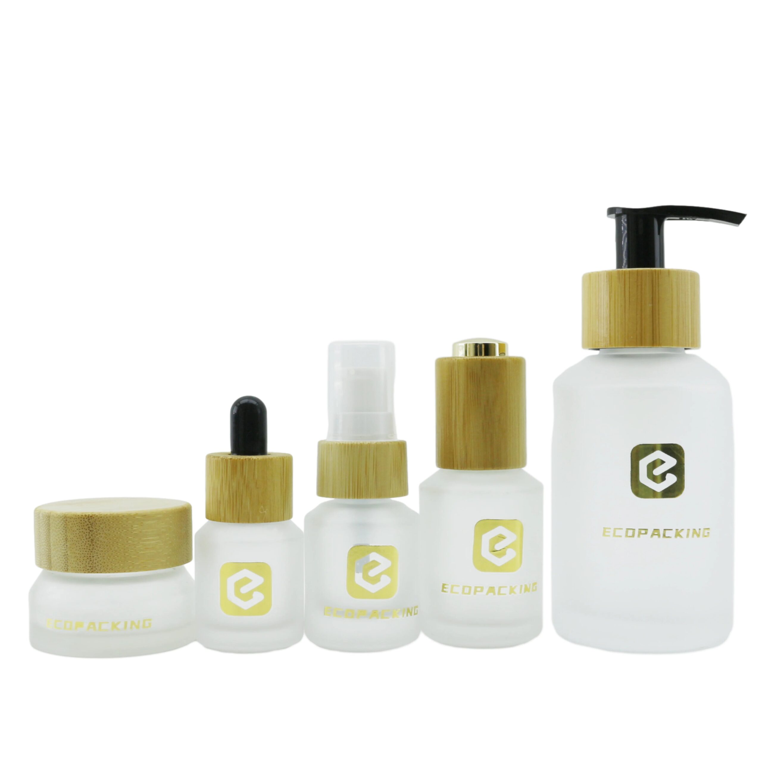 Cosmetic Packaging Slant Shoulder White Glass Bottle and Jar with Bamboo Lid/pump/dropper Cosmetic Lotion Bottle Products