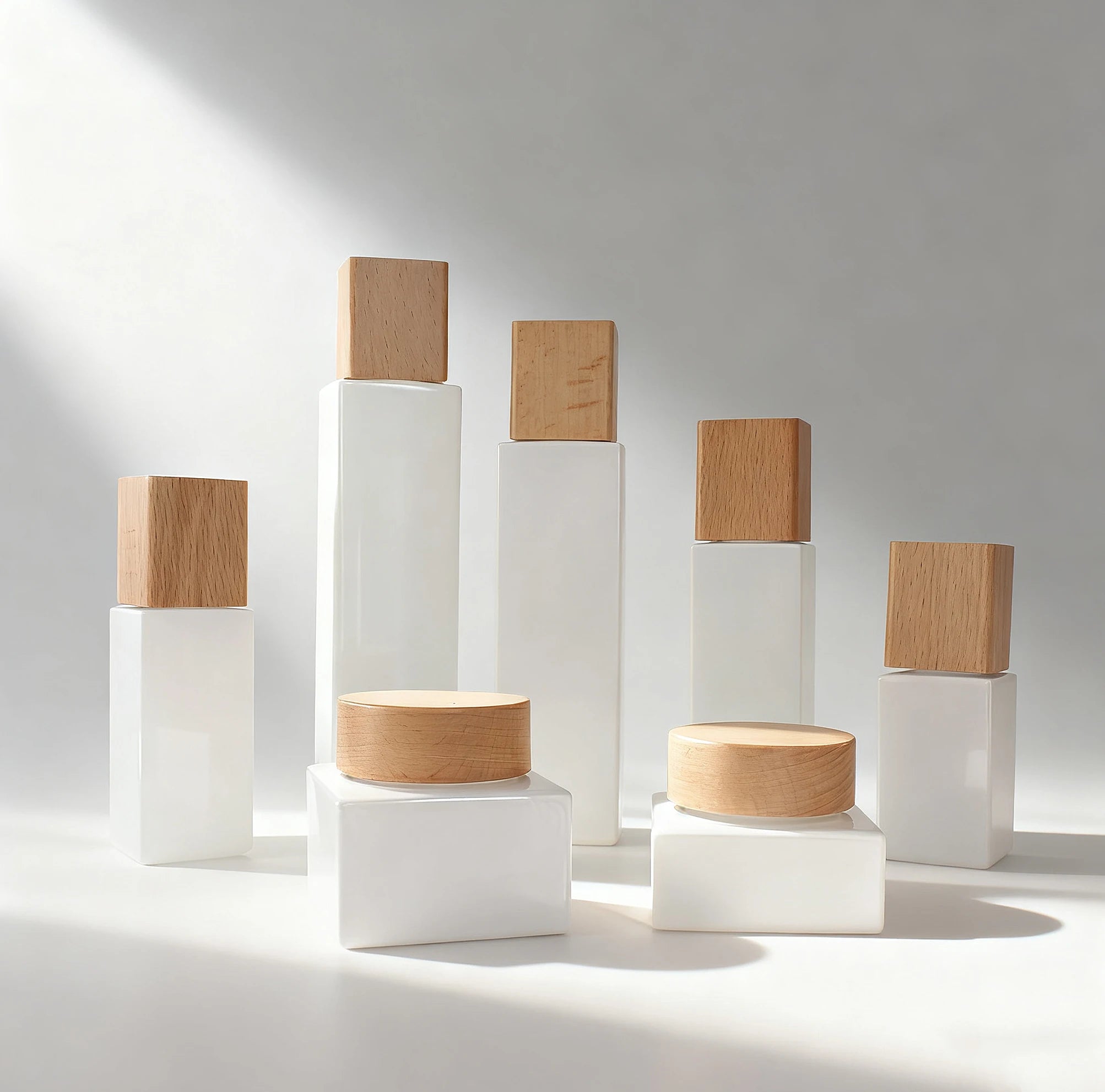 30ml 50ml 100ml White Cosmetic Lotion Pump Glass Bottle with Bamboo Lid for Serum and Cream Jar Packaging - 图片 2