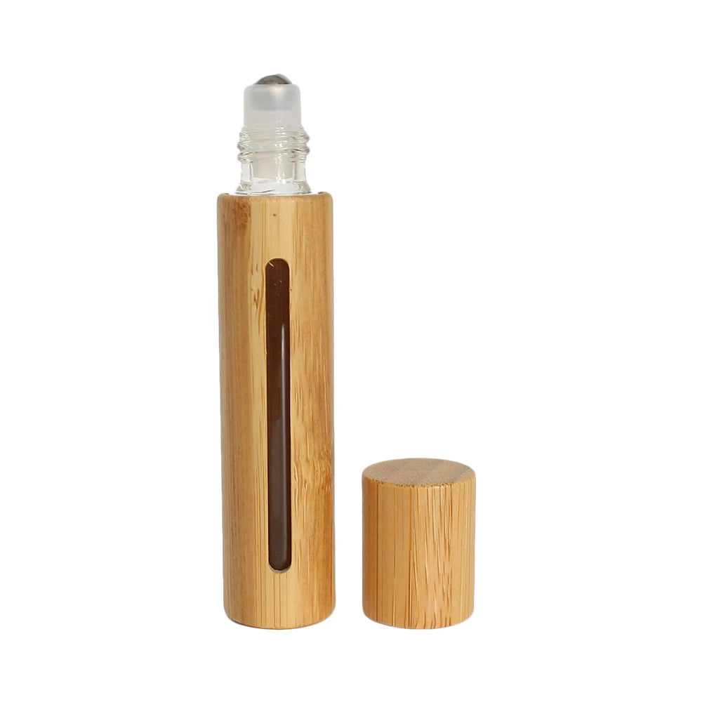 10ml Glass Inner Bamboo Essential Oil Perfume Roll on Bottle With Steel Roller and Window
