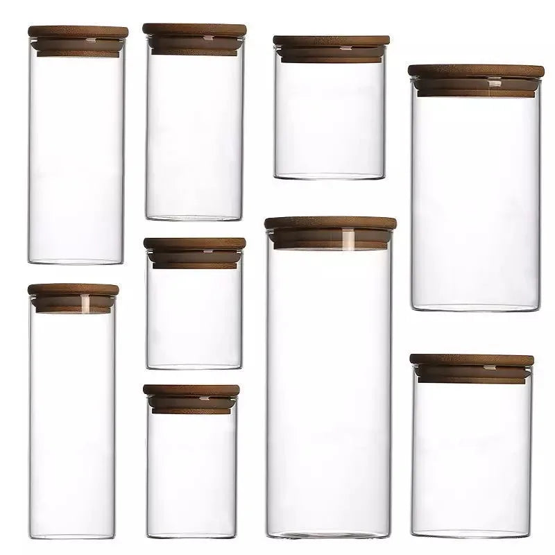 High Borosilicate Heat Resistant Airtight Food Spice Glass Storage Jar Container with Bamboo Lid R888