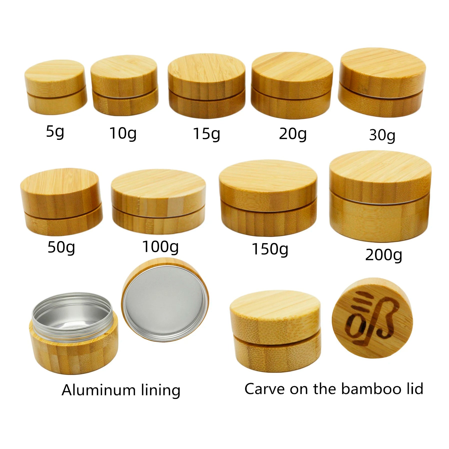 Wholesale 5g 10g 15g 20g 30g 50g 100g 150g 200g Aluminum Bamboo Jar Bamboo Cosmetic Packaging Metal Tin Can C888