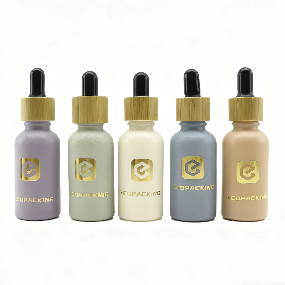 30ml Frosted Glass Dropper Bottle with Bamboo Pipette Amber & Blue Colors Customizable for Essential Oil Eye Drops & Mascara