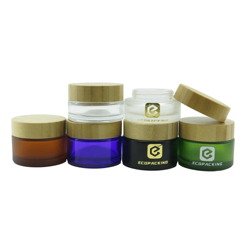 Cosmetic Body Butter Cream 5ml 15ml 30ml 50ml 100ml 200ml Frosted White Black Amber Green Glass Jar with Bamboo Lid for Cream