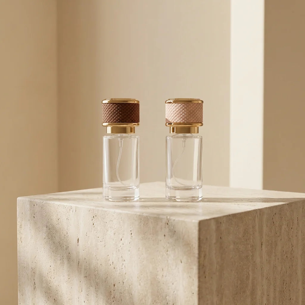 High-End Minimalist Fragrance Packaging 20ml Glass Spray Bottle with Pink & Brown Embossed Lids for Luxury Brands - 图片 3