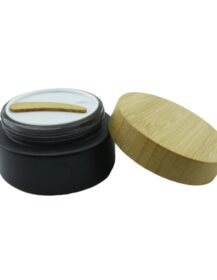 Cosmetic Black Glass Jar 200ml Bamboo Lid Frosted Glass Cream Jar with Spoon