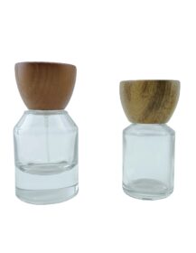 Hot Sale Luxury Square 30ml 50ml 100ml Glass Perfume Bottle clear Empty Crimp Sprayer with Round Neck Wood Lid