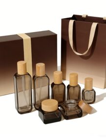 Empty Refillable 30g 50g 30ml 50ml 100ml 120ml Emulsion Essence Amber Glass Cosmetic Cream Jar Lotion Bottle with Wood Lid