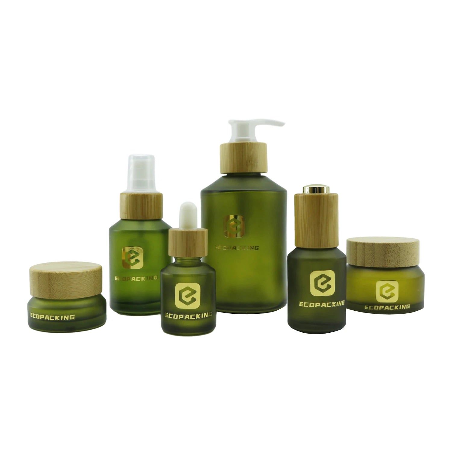 Cosmetic Packaging Slant Shoulder Frosted Olive Green Skin Care Set Cosmetic Glass Bottle and Jar with Bamboo Lid C888