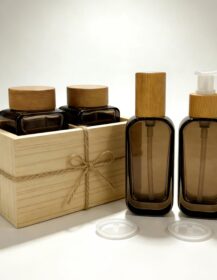 High-end Place Packaging Glass Jar Bamboo Lid 30g 50g Luxurious Gradient Orange Square Glass Lotion Pump Bottle Screw Cap Screen