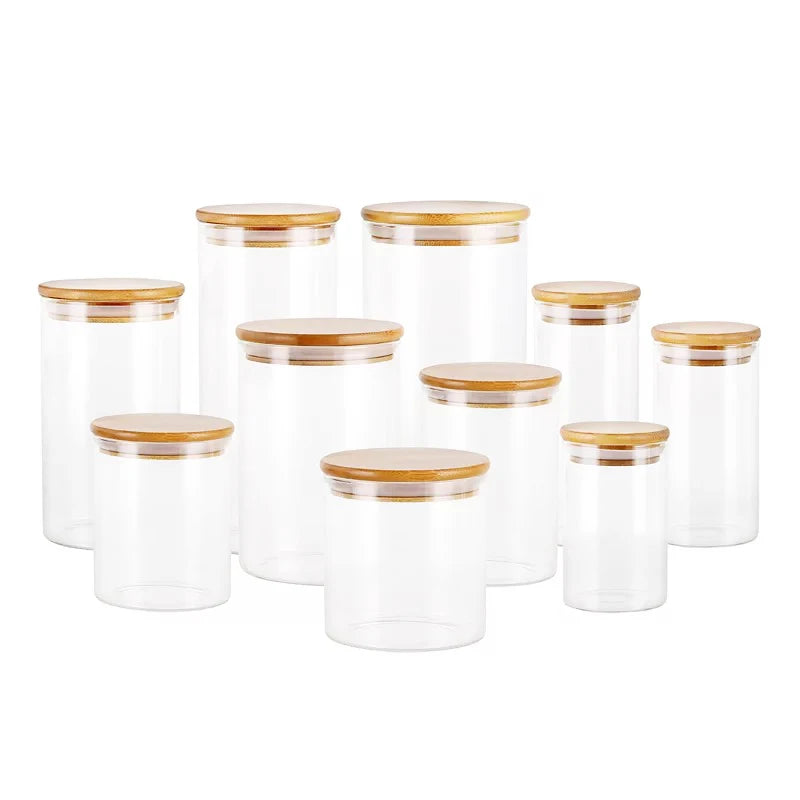 Transparent Large Glass Storage Jar with Bamboo Wooden Lid 6oz 8oz 10oz 16oz 32oz for Kitchen Food & Saffron Storage