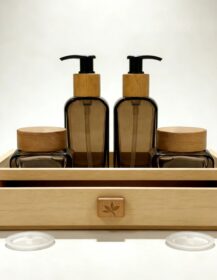 High-grade Skin Care Set Face Cream Glass Jar Bamboo Lid 30g 50g Luxurious Gradient Orange Glass Lotion Pump Bottle Bamboo Screw