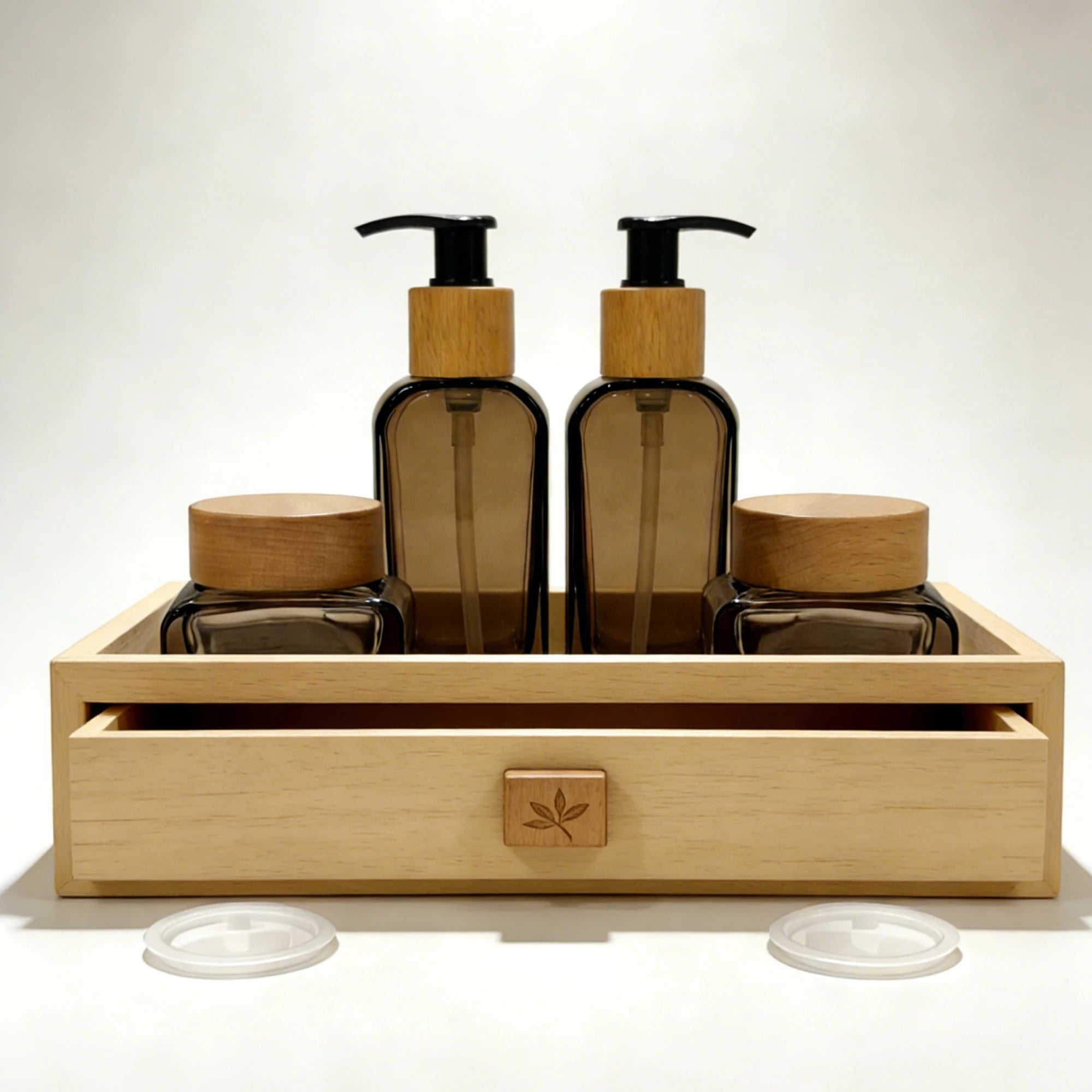 High-grade Skin Care Set Face Cream Glass Jar Bamboo Lid 30g 50g Luxurious Gradient Orange Glass Lotion Pump Bottle Bamboo Screw