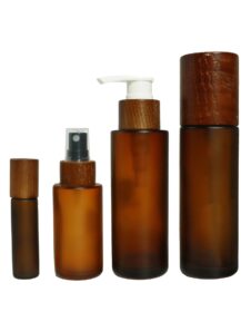 Frosted Amber Glass Cosmetic Bottle with Bamboo Wooden Lotion Pump Spray for Skin Care Packaging 30ml 50ml 60ml 100ml 200ml B888