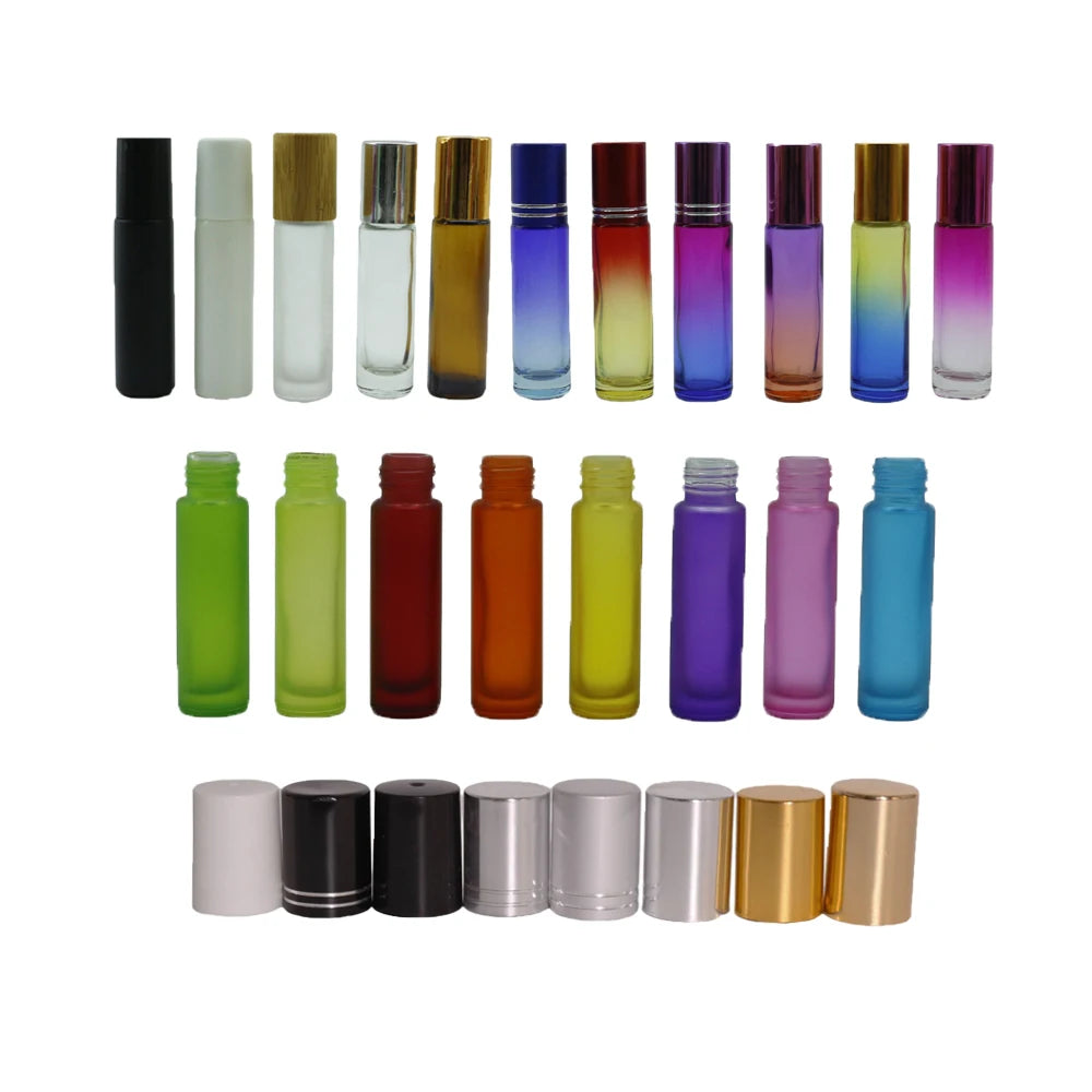 Stock Essential Oil Bottle 5ml 10ml 15ml clear Amber Black Frosted Glass Roll on Perfume Bottle with Steel Roller for Cosmetics