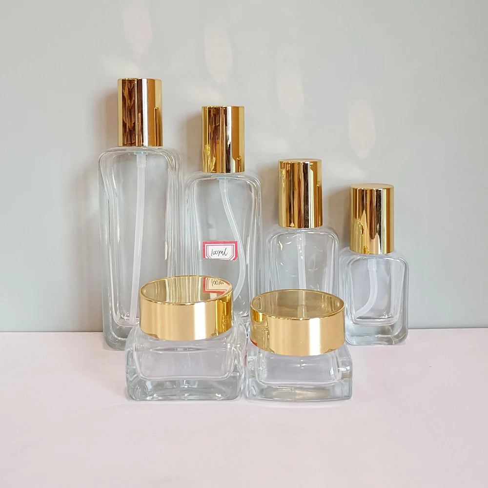 Luxury Cosmetic Skincare Packaging Set Cream Glass Jar 30g 50g 30ml 50ml 100ml 120ml Glass Pump Lotion Bottles for Serum