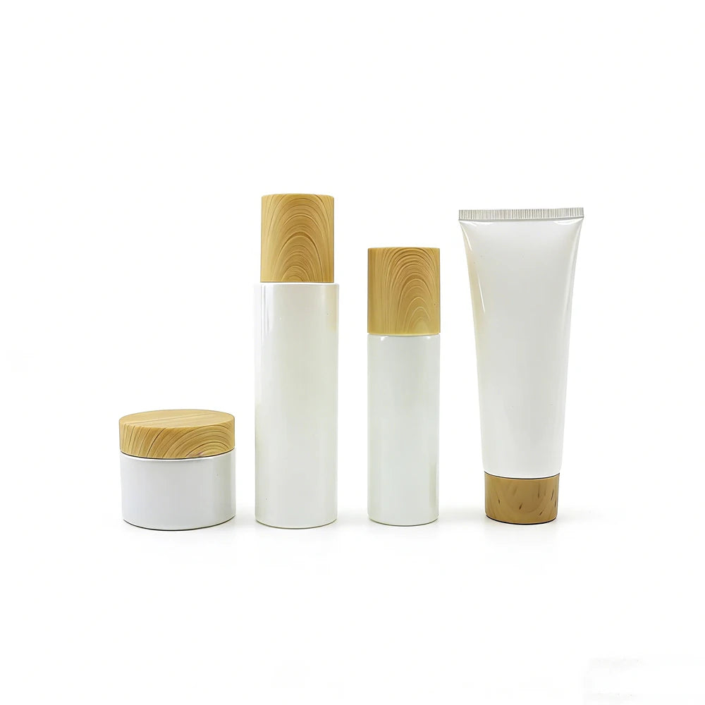 Skincare Set Pearl White Glass Cosmetic Jar Empty Lotion Bottles and Plastic Facial Cleanser Facial Mask Tube with Lid