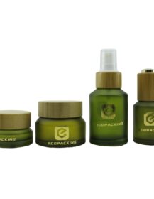 Empty Frosted Olive Green Slant Shoulder Skincare Packaging Glass Cream Jar Cosmetic Dropper Bottle Serum Pump Dispenser Bottles