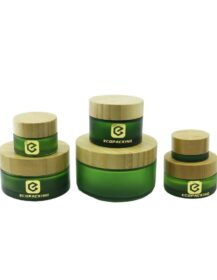 Wholesale Frosted Green Cosmetic Glass Jar with Bamboo Lid 5ml 10ml 15ml 30ml 50ml 100ml 200ml