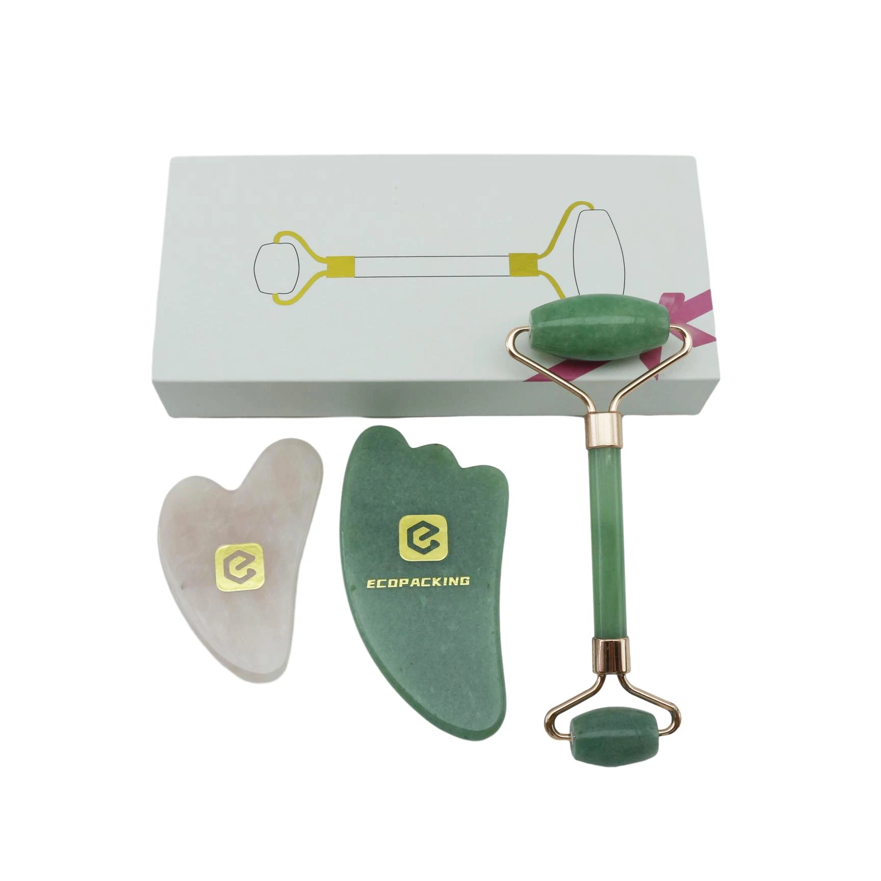 Rose Quartz Face Roller and Gua Sha Massager Kit Crystal Stone Guasha Facial Beauty Tool Custom Jade Roller and Gua Sha Set A888 - 图片 5