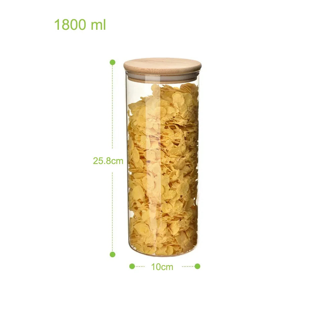 1800ml Eco-Friendly Glass Tea Storage Jar with Bamboo Lid Kitchen Food Storage Containers Set Screw Cap Sealing Packed in Carton