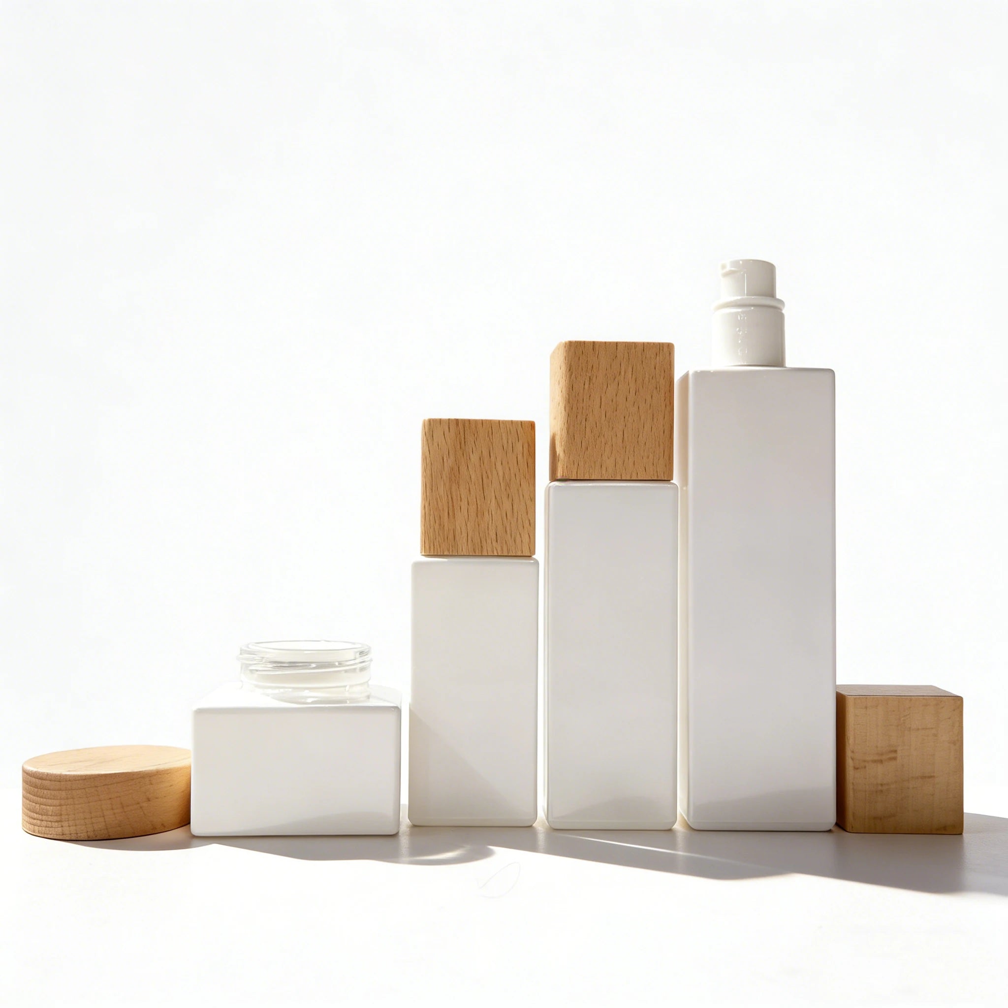 Luxury White Flat Shoulder Empty Glass Bottle Custom logo Cosmetic Cream Jar Skin Care Body Butter Jar Set with Bamboo Lid - 图片 3