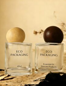 New Design Irregular Empty 40ml Glass Essential Oil Bottle with Bamboo Wooden Cap for Serum Skincare