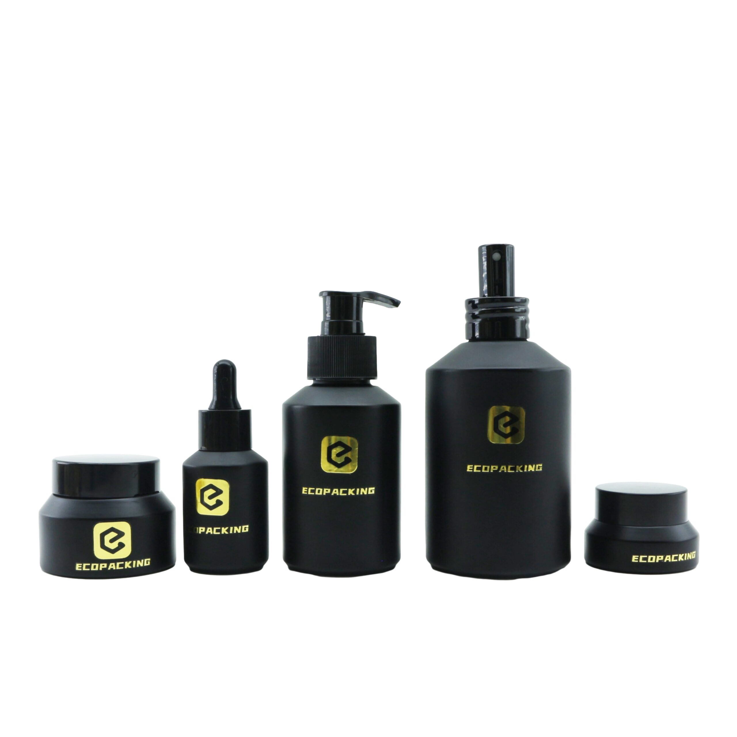 Matte Black Frosted Glass Oil Serum Lotion Bottle with Pump Dropper Spray Cosmetic Luxury Packaging Set for Skin Care