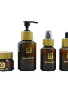 Slanted Shoulder Cosmetic Matte Amber Glass Bottles and Jars with Bamboo Lid for Skin Care Packaging