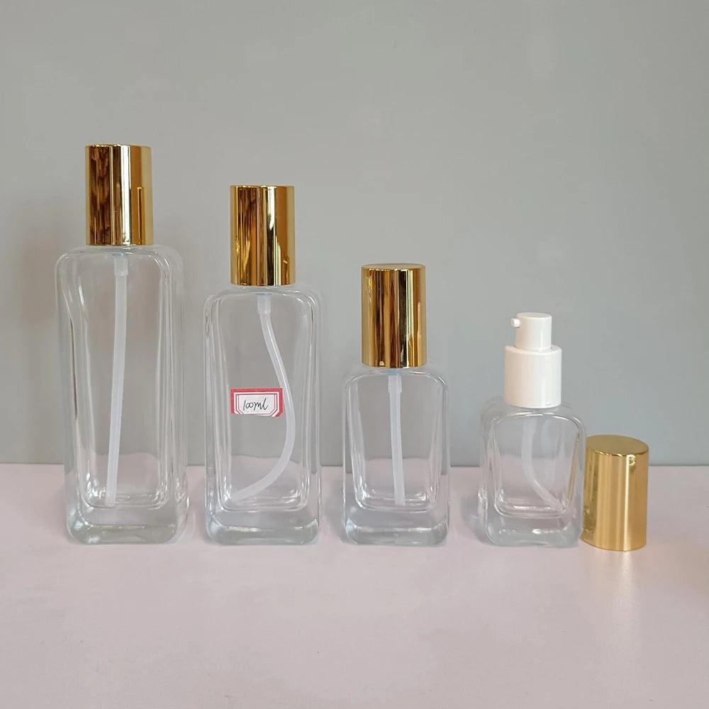 square clear Cosmetic Glass Pump Bottles 30ml 50ml 100ml 120ml Lotion Serum Bottle Cream Jar 30g 50g Glass Jars and Bottles M888 - 图片 2