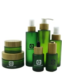 30ml 50ml 100ml 200ml Frosted Green Cosmetic Glass Spray Pump Dropper Bottle Cream Jar Set for Skin Care F888