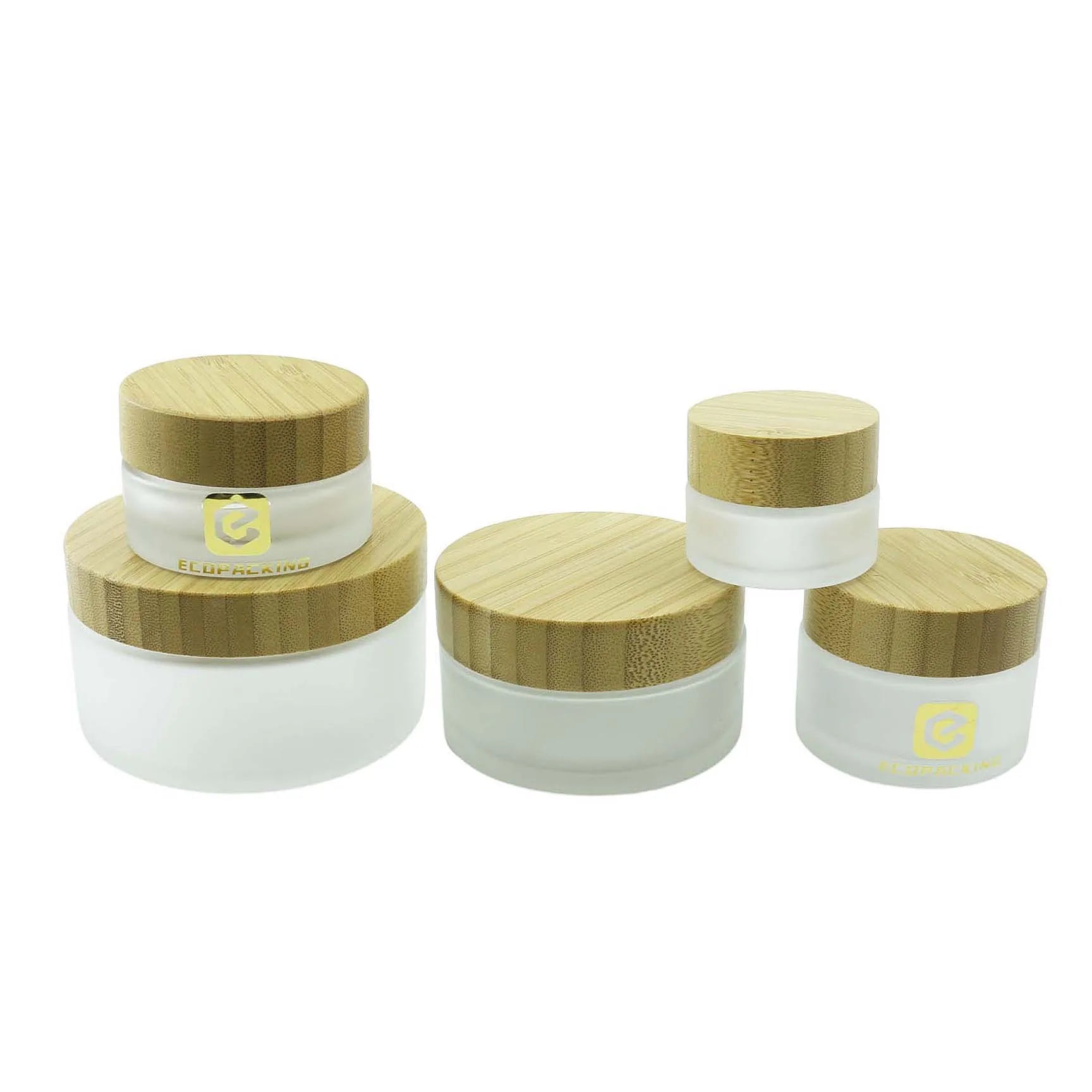 Frosted Clear Skin Care Face Eye Cream Cosmetic Glass Jars with Bamboo Wood Lids - 图片 4