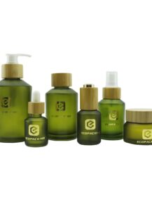 Frosted Olive Green Slant Shoulder Glass Essential Oil Bottle Facial Cream Jar Packaging with Bamboo Lid