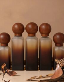 Natural Texture Gradient Brown Frosted 40ml 100ml 120ml 50g Skincare Glass Pump Bottle Wooden for Cap Packaging