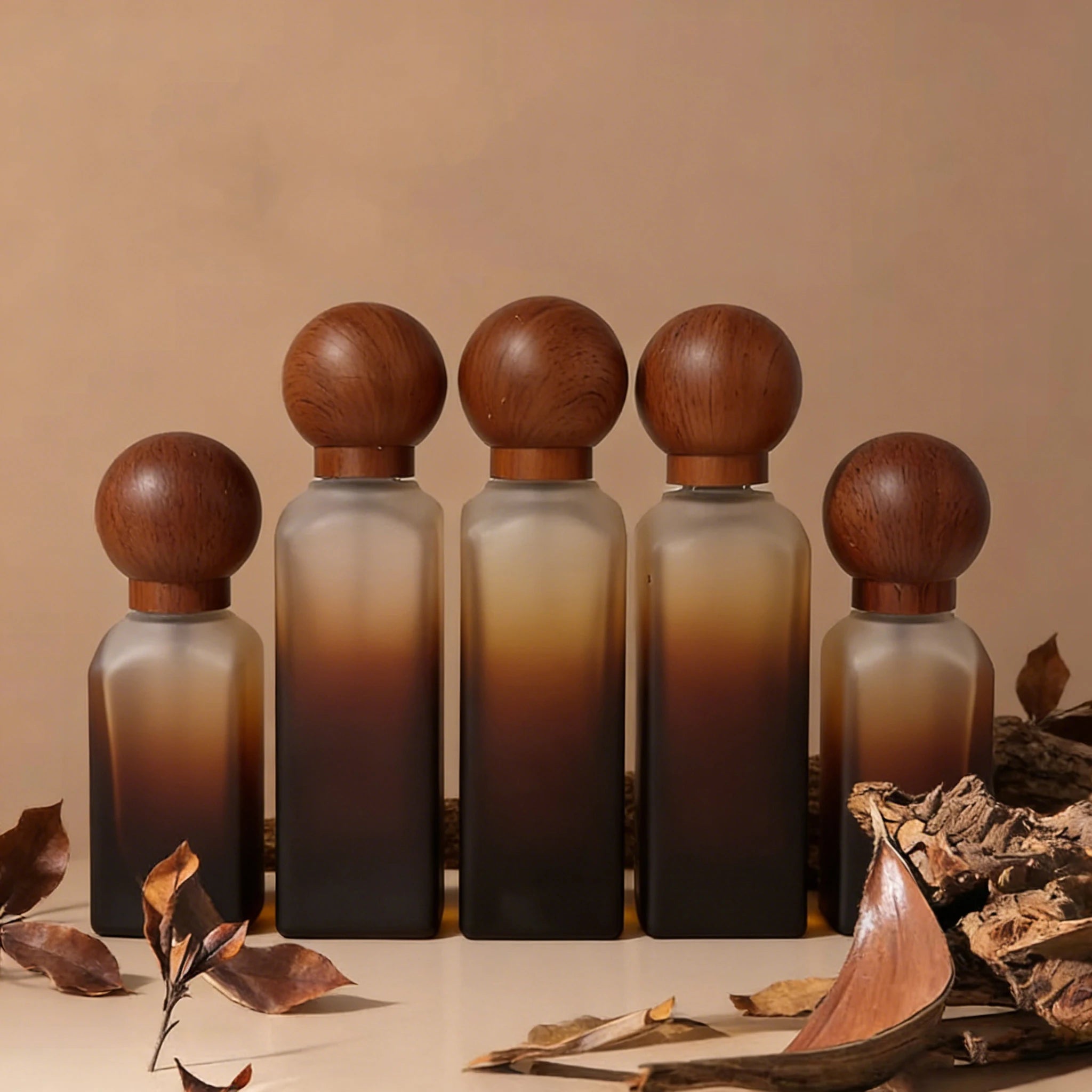Natural Texture Gradient Brown Frosted 40ml 100ml 120ml 50g Skincare Glass Pump Bottle Wooden for Cap Packaging