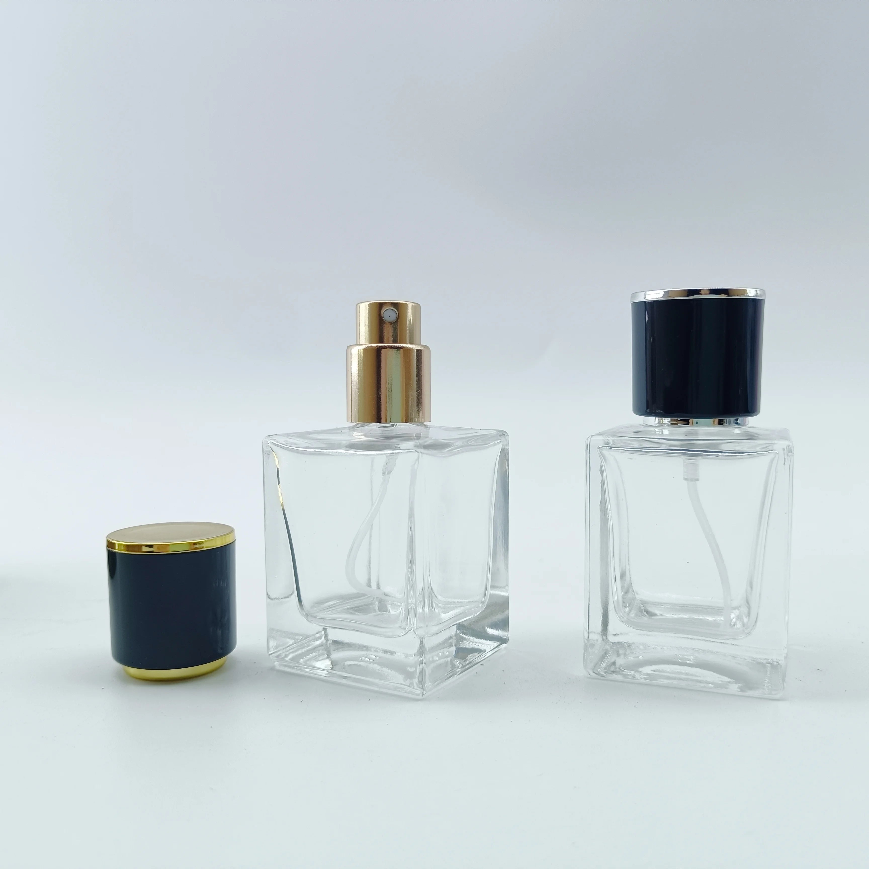 Manufacture 30ml 50ml 100ml Empty Elegant Fragrance Gift Cosmetic Clear Square Glass Perfume Bottle with Gold Lids - 图片 4