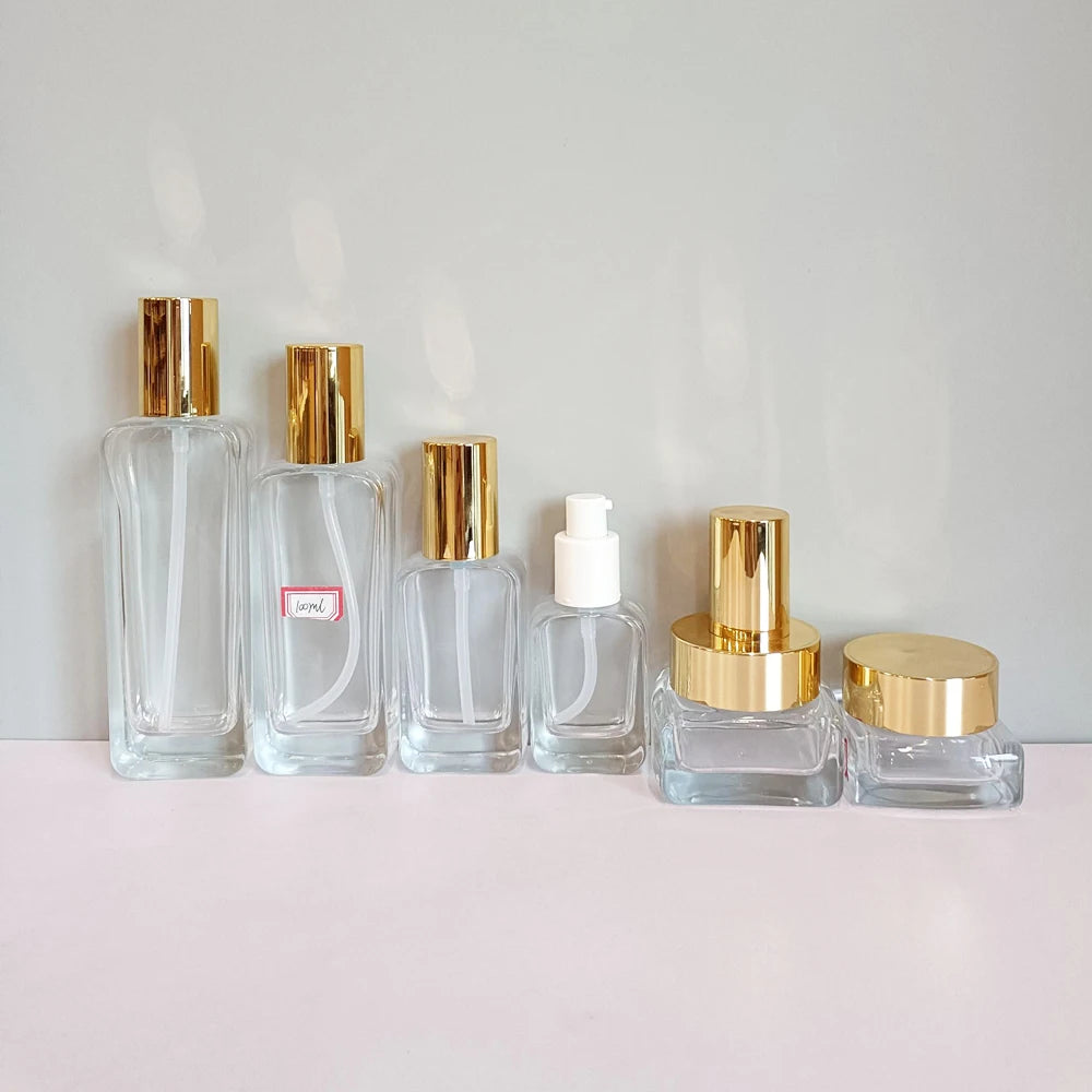 Custom Cosmetic Packaging Set Glass Jar 30g 50g Cosmetic 1oz 4oz Serum Glass Pump Bottle 30ml 50ml 100ml 120ml