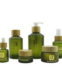 Cosmetic Set Bottle and Jar Series Cosmetic Frosted Olive Green Slant Shoulder Glass Bottle and Jar with Bamboo Lid