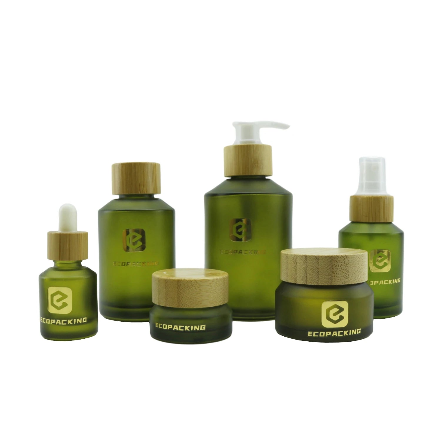 Cosmetic Set Bottle and Jar Series Cosmetic Frosted Olive Green Slant Shoulder Glass Bottle and Jar with Bamboo Lid