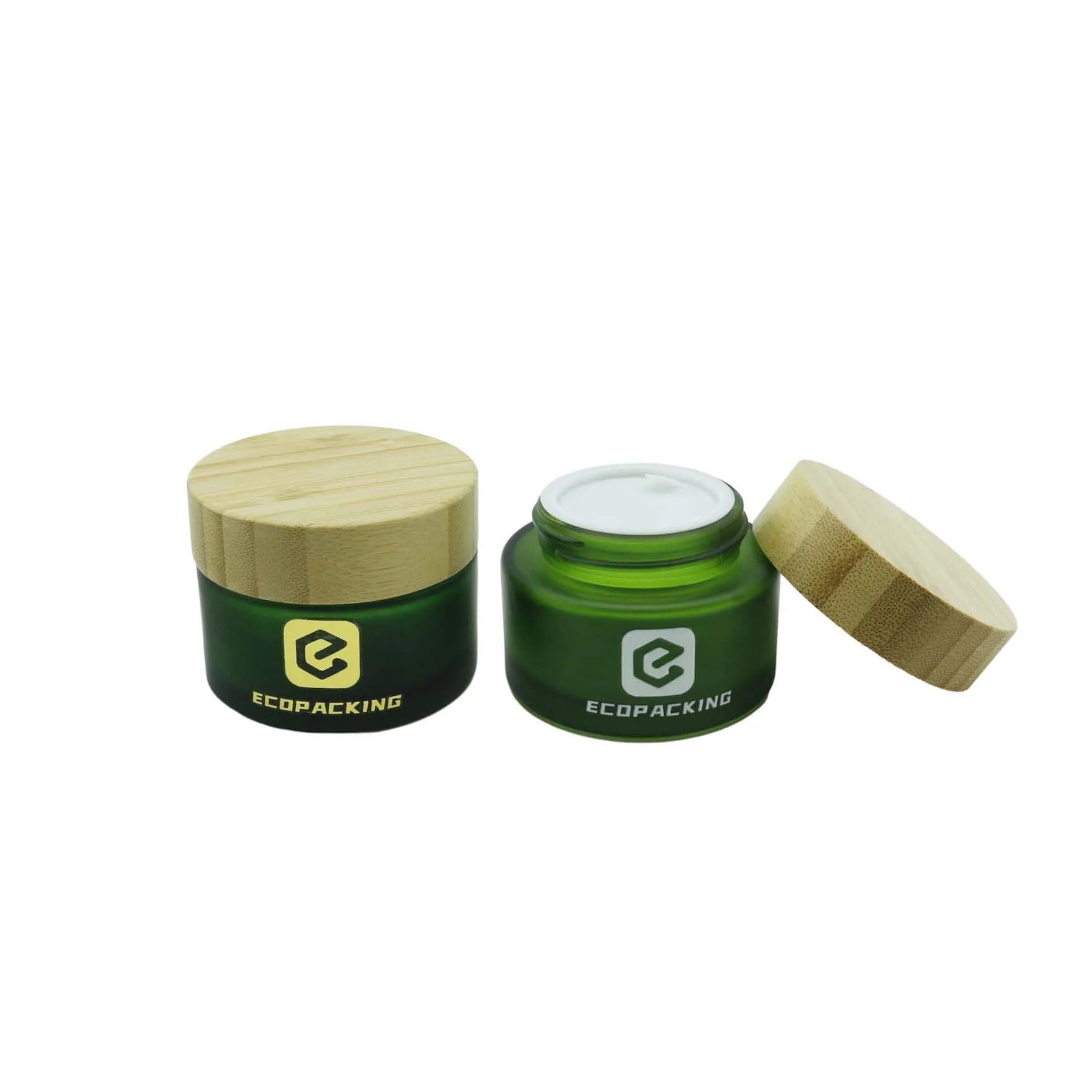Custom Container 15g 1oz 30g 50g 100g Green Glass Jar with Bamboo Wood Lid Body Butter Face Cream Cosmetic Glass Jars - 图片 6