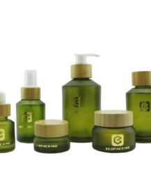 Empty Olive Green Glass Slant Shoulder Lotion Pump Dropper Serum Oil Bottles and Skin Care Cream Jar with Bamboo Lid