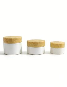 Cosmetics Packaging Containers 20g 30g 50g Pearl White Glass Cream Jar with Water Transfer Printed Wooden Lid