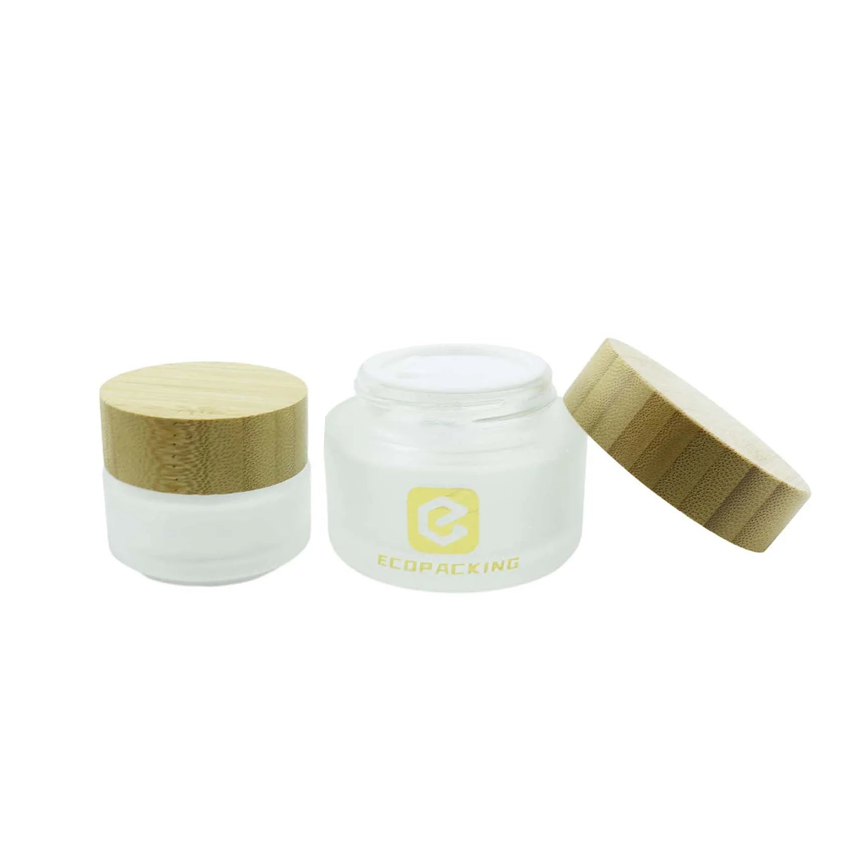 Frosted Clear Skin Care Face Eye Cream Cosmetic Glass Jars with Bamboo Wood Lids - 图片 5
