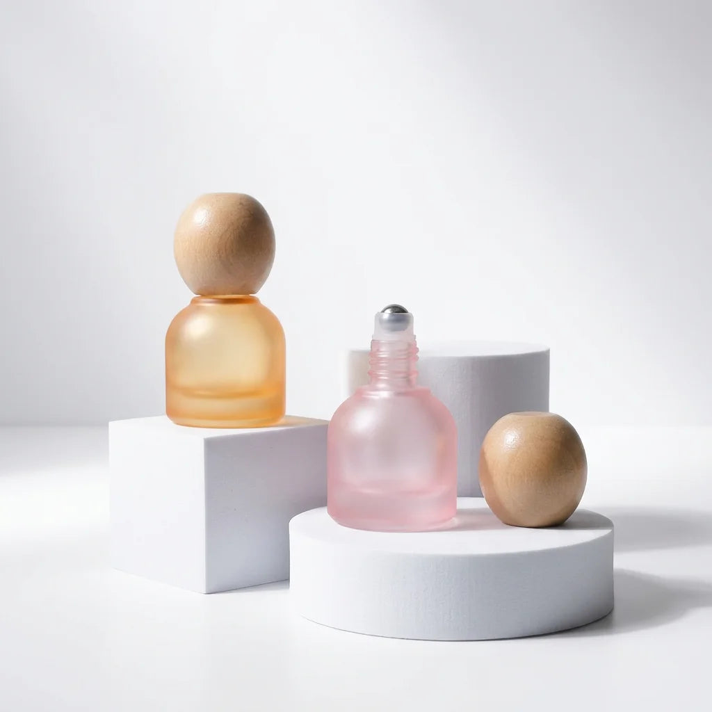10ml Frosted Glass Roller Bottles with Wooden Ball Cap Empty Refillable Roll on Bottles for Essential Oil - 图片 3