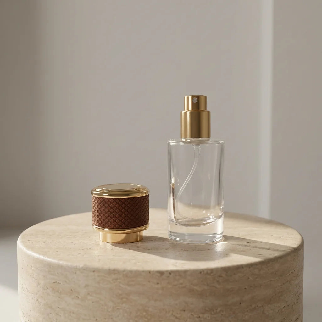 High-End Minimalist Fragrance Packaging 20ml Glass Spray Bottle with Pink & Brown Embossed Lids for Luxury Brands