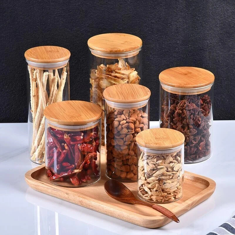 Stackable Customized Kitchen High Borosilicate Glass Storage Jar Set with Bamboo Lid for Food Cake Cookie Candy Spice B8888 - 图片 4