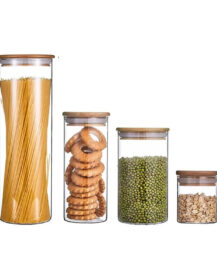 8oz High Borosilicate Kitchen Glass Storage Jars Set With Airtight Wooden Bamboo Lid