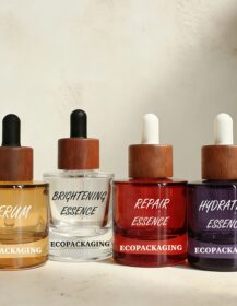 Eco-Friendly 30ml Serum Essence Colored Glass Skincare Bottle with Natural Wood Dropper Lid
