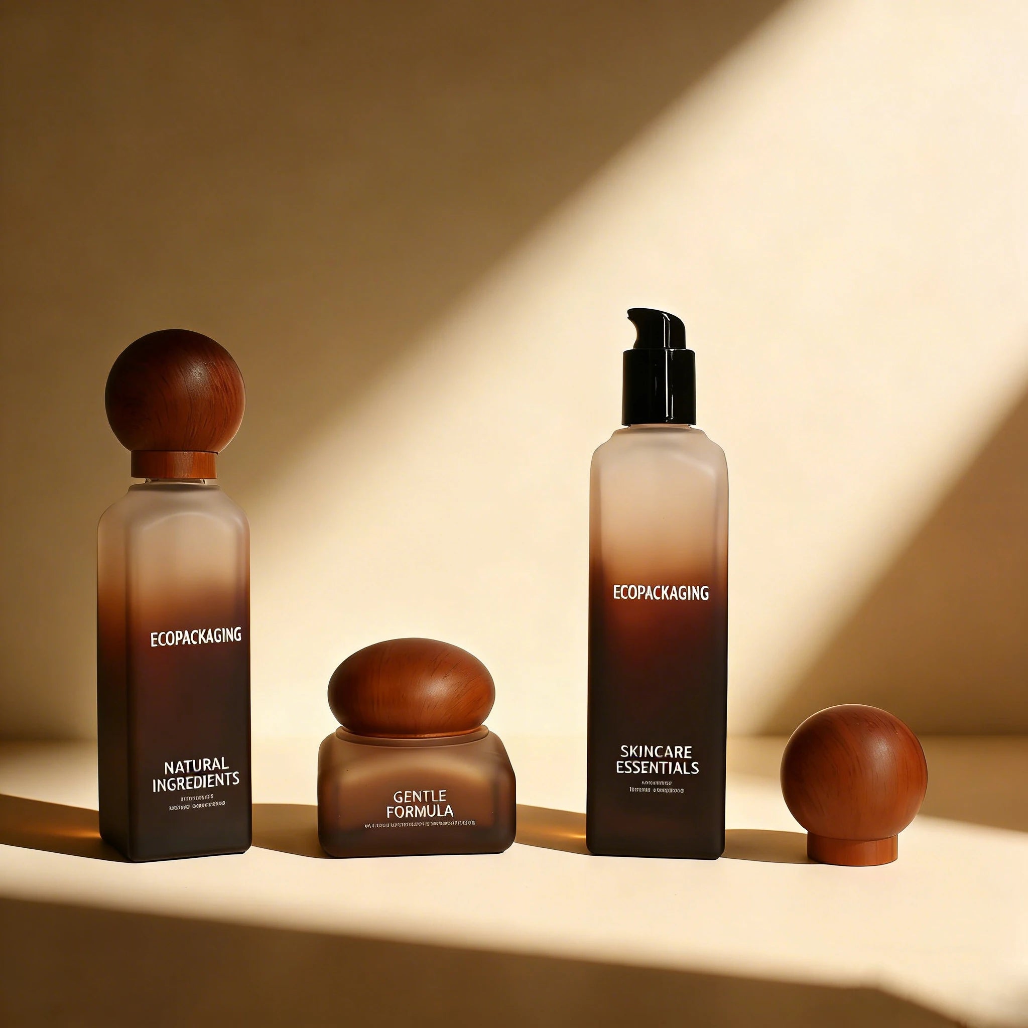Cosmetic Skincare Packaging Custom square Glass Pump Serum Bottle&cream Jar with Water Transfer Printing Wood Cap